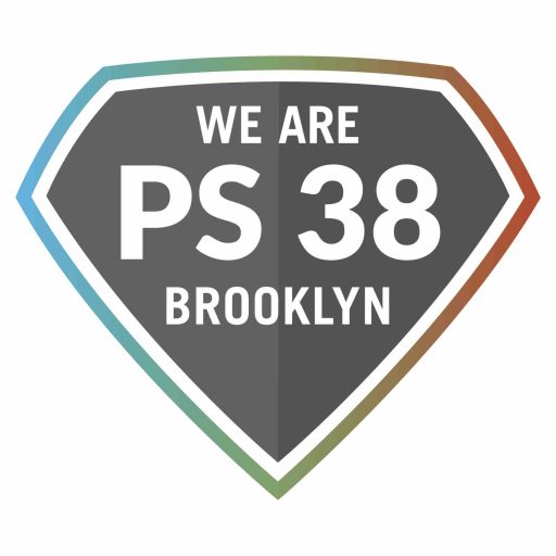 We are PS 38 Brooklyn logo with grey background, white letters, and colorful border
